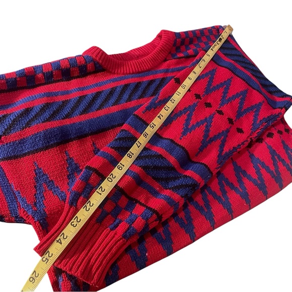 Vtg 80s Streetwear Mens L Knit Sweater Red Blue Purple Crewneck Geometric Print - Picture 9 of 11